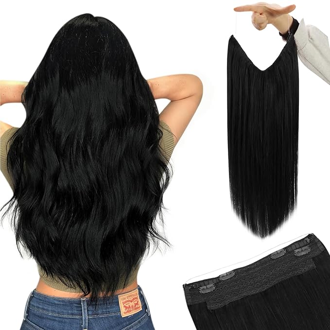 YoungSee Wire Hair Extensions Jet Black Hair Extensions Invisible Wire Black Fish Line Hair Extension Real Human Hair Short Straight Hair 12Inch 70g