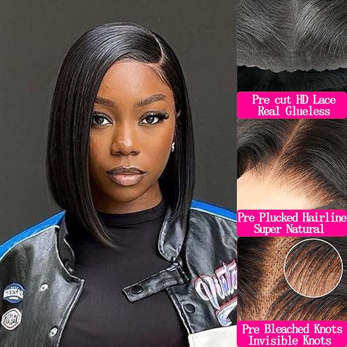 180% Density glueless wig 14 Inch bob wig human hair 4x6 HD Transparent glueless wigs human hair pre plucked pre cut Lace Front Wigs Human Hair for Women