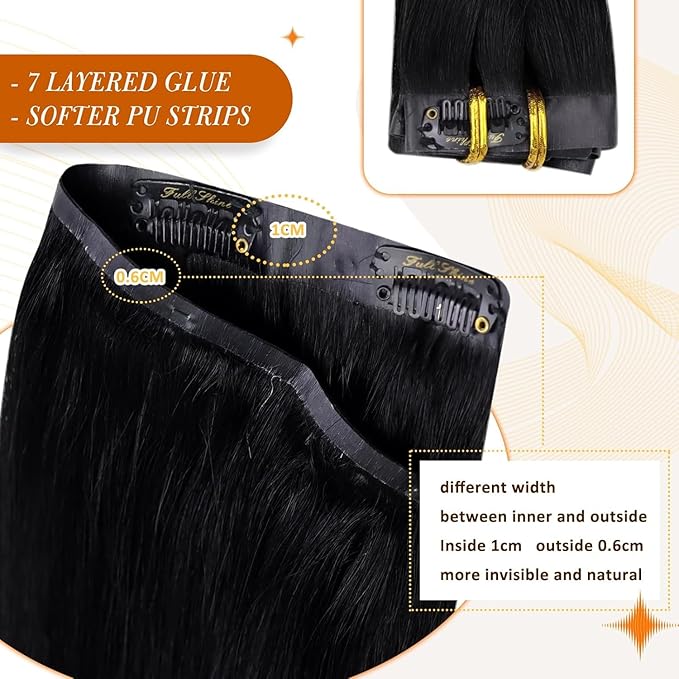 Full Shine Black Human Hair Extensions Seamless Clip in Hair Extension 22 Inch Natural Human Hair Clip in Extensions Black Real Hair for Women Thick End 8 PCS 120 G