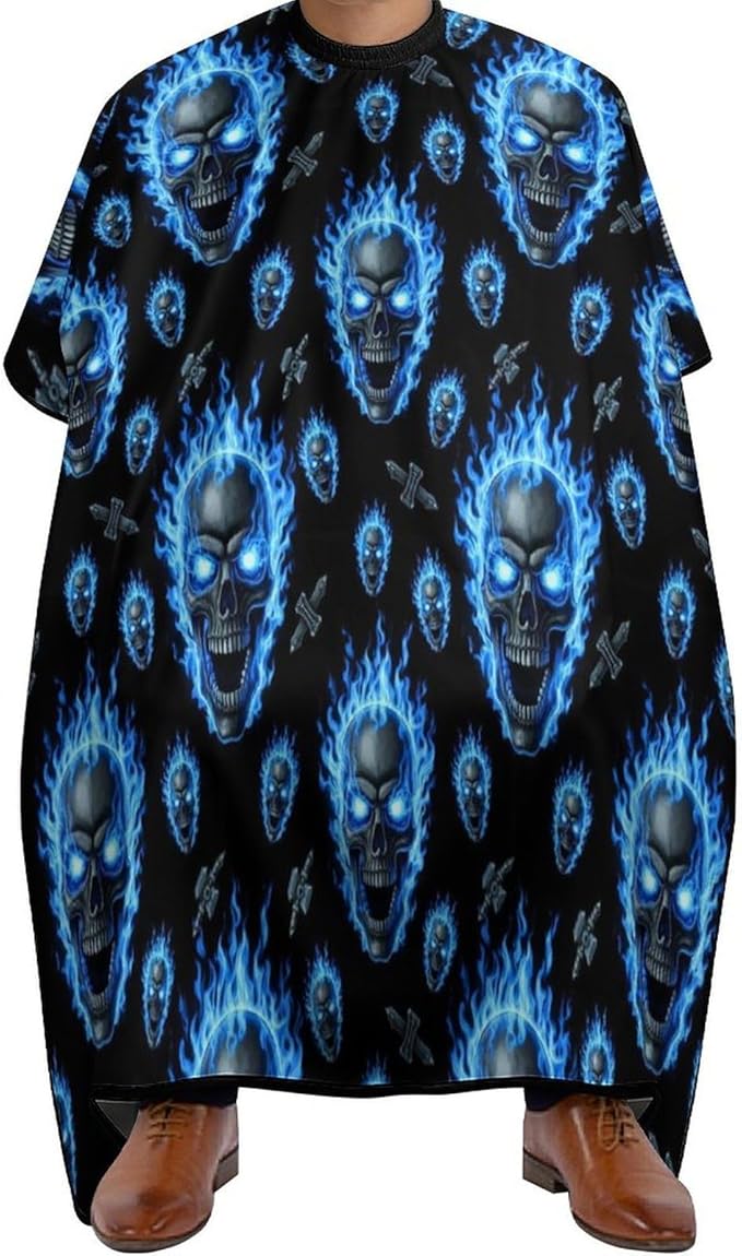 Full Coverage Hair Styling Cape, Blue Fire Flame Skull Professional Hair Cutting Apron Haircuting Salon Cape Gown for Barbers