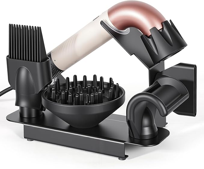Affogato Hair Dryer Holder Stand Compatible with Dyson Supersonic, Magnetic 4 Holes Countertop Hair Dryer Organizer, Steel Storage Rack for Attachments Diffuser/Nozzles