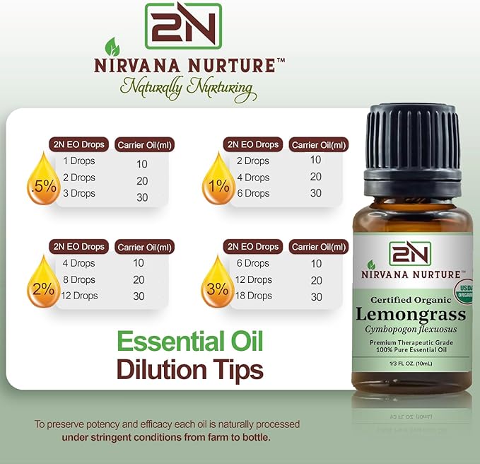 Lemongrass Essential Oil USDA Certified Organic 100% Pure Premium Therapeutic Grade, Undiluted - Aromatherapy Diffuser for Calm and Relaxation, Skin Care, Hair Care