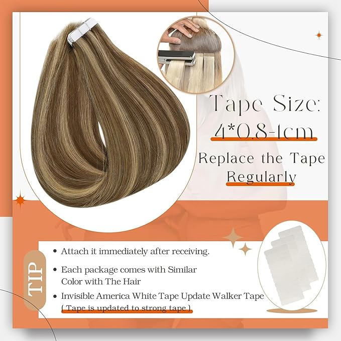 Full Shine Tape in Hair Extensions 50 Gram Medium Brown Highlights Honey Blonde Real Human Hair Extensions Tape ins 22 Inch Straight Tapes in Extensions 20 Pcs Seamless Straight Glue Hair Extensions