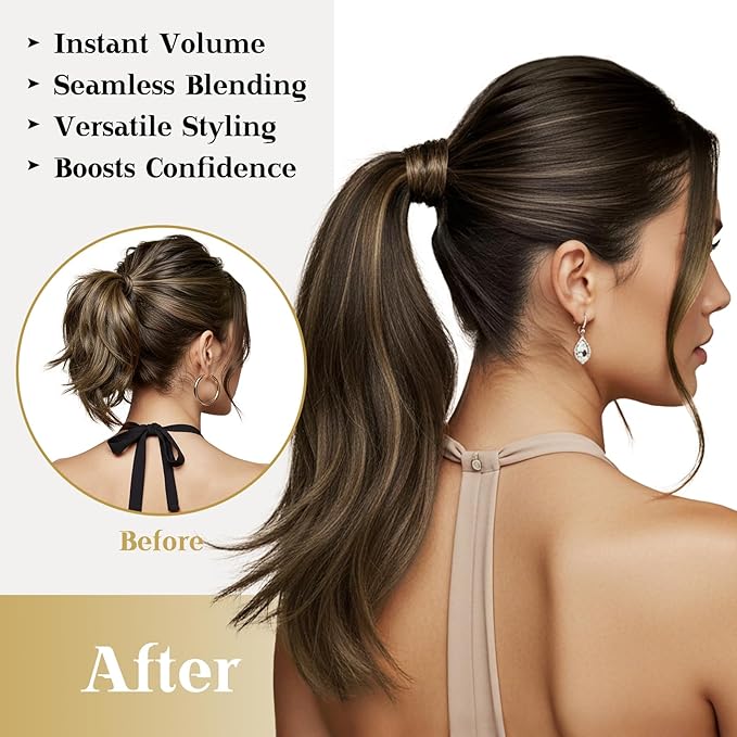 Ve Sunny Hair Extensions Ponytail Real Human Hair Wrap Around Clip in Ponytail Hair Extensions Straight Extensions Human Hair for Women Dark Brown Dark Brown Balayage Chestnut Brown 22inch 80G