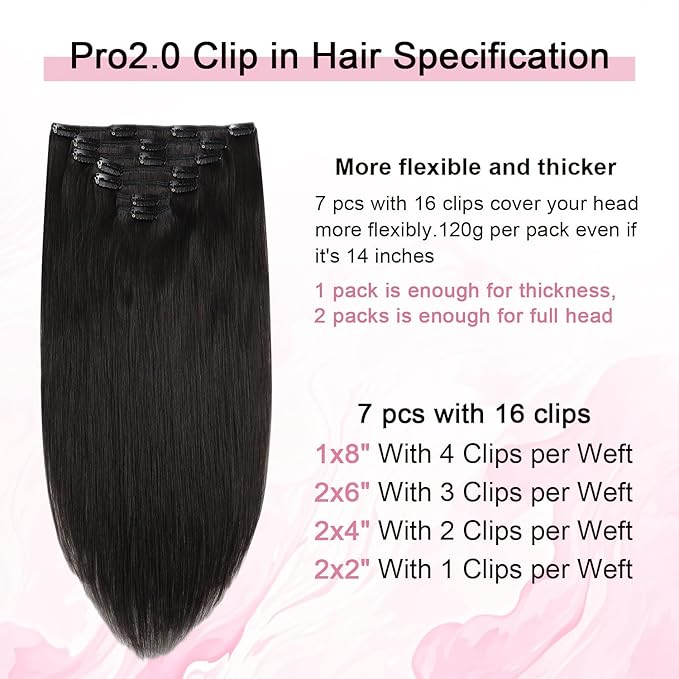 Pro2.0 Remy Real Human Hair Extensions Clip ins 120g Thick 7pcs Color #1B Natural Black Remy Clip in Hair Extensions Real Human Hair 16inch Seamless Double Weft for Women（#1B-16inch）
