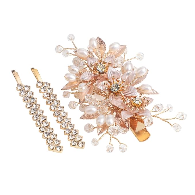 Floral Crystal Pearl Alligator Hair Clip and Rhinestone Bobby Pins, Elegant Hair Accessories for Bridal Women in Wedding or Prom, Set of 3 (Gold)