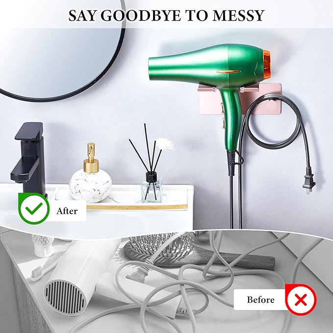 Hair Dryer Holder Wall Mount, Blow Dryer Holder for Wall, Adhesive Hairdryer Holders, Stainless Steel Blowdryer Holders Bathroom Hair Tool Organizer Hair Dryer Hanger Hook with Cord Storage(Rose Gold)