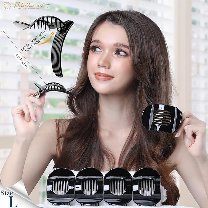 RC ROCHE 6 Pcs Flat Claw Hair Clips for Women Thick Hair French Round Duckbill Square Secure Strong Hold Grip Clamps Barrettes Curved No Slip No Crease Styling Cute Extra Jumbo XL, Large Black