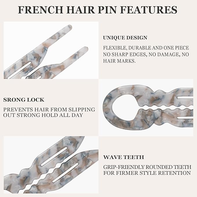 Sunolga 3pcs Prestige French Hair Pins for Women, 4.38" Large, Serrated Anti-Slip Design, Curved Shape for Better Head Fit, Coquette Elegant Hair Accessories for Updos, Chignon, Bun Hairstyles