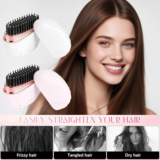 Mini Straightener, Rechargeable Portable Hair Straightener Comb, Fast Heating Hot Comb with Mirror, Wireless 2-in-1 Hairs Dressing Combs with 2 Adjustable Temperatures (Pink)