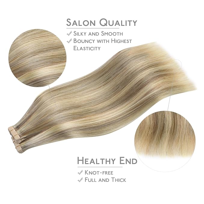 WENNALIFE Tape in Hair Extensions Human Hair, 40pcs 100g 18 inch Ash Brown with Platinum Blonde Highlights Remy Hair Straight Tape in Extensions Invisible Reusable Real Hair