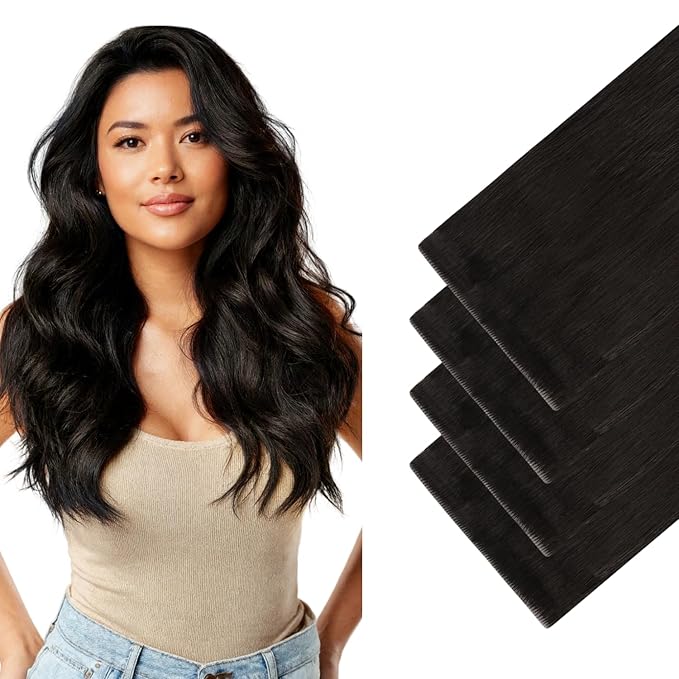 GOO GOO Invisi Edge Wide Tape in Hair Extensions,1B Natural black,4pcs 18inch 20g, Remy Human Hair,Seamless Injected Tape, Natural Look