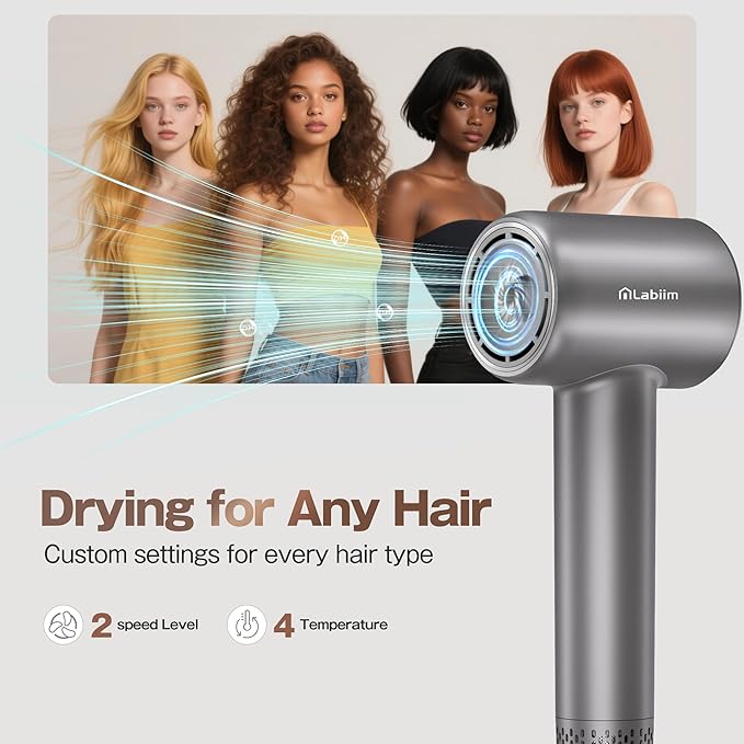 Hair Dryer, High-Speed Ionic Low Noise Blow Dryer with Brushless Motor for Fast Drying, Thermo-Control Quiet Compact Hair Blow Dryer, Hairdryer with 1 Nozzle Attachments for Home Salon Travel