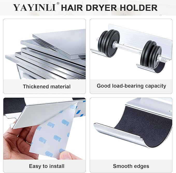 Hair Dryer Holder Wall Mount Blow Dryer Holder, Adhesive Straightener Holder, Curling Iron Holder for Bathroom Salon Barber Shop Hotel, Hair Tools Organizer Storage (Silver)