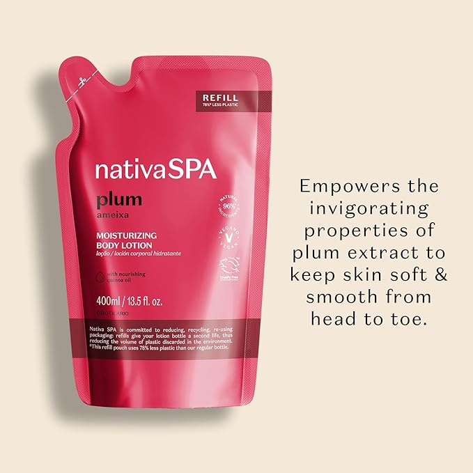 Nativa SPA by O Boticário, Plum Moisturizing Body Lotion Refill Pack, Fragranced Moisturizer Enriched with Purified Quinoa Drops to Boost Hydration, 13.5 Ounce
