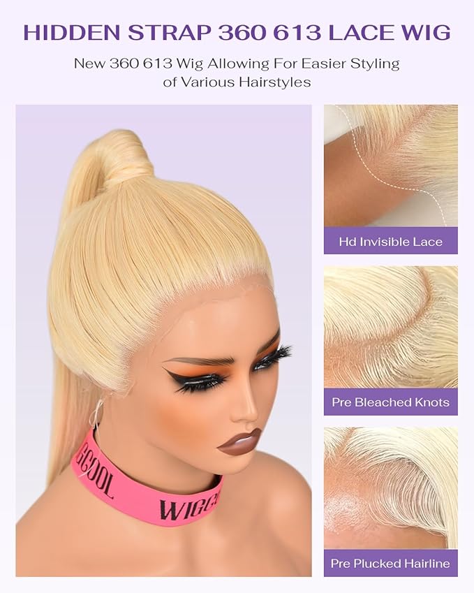 Hidden Strap Straight 360 613 Lace Front Wigs Human Hair Invisible Strap Pre Plucked 180% Density SALON-Quality Blonde Wig with Drawstring Glueless Wigs HD Full Lace Human Hair Wigs 20inch