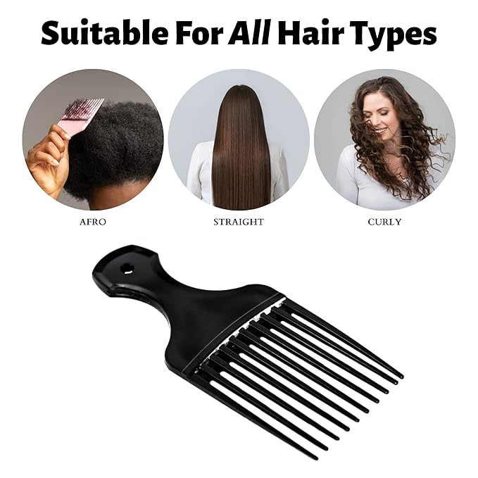 Plastic Hair Pick Comb – Wide Tooth Afro Lift Picks - Pack of 4 Combs - 5.25 Inch - for Styling Lifting Detangling Adding Volume for Long Curly and Thick Hair, Wigs and Beards for Men & Women