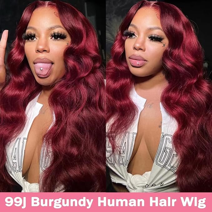99J Burgundy wig human hair 13x4 body wave lace front wigs human hair 180 Density Pre Plucked Glueless Wine red colored lace front wig for Women 30inch