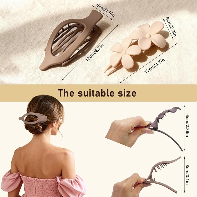 8 Pack Flat Hair Clips for Women – Matte Neutral Claw Clips & Flower Hair Pins Barrettes Set in Black, Blonde,Light Brown & Dark Brown for Thick & Thin Hair