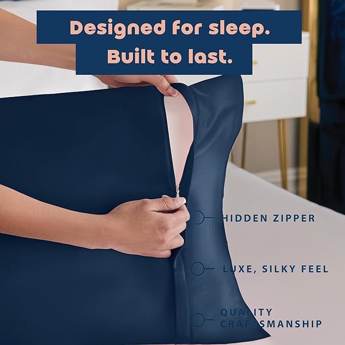 BLISSFORD Satin Pillowcase with Zipper, for Hair and Skin Care, Feels Soft and Cool Like a Silk Pillowcase, Satin Pillow Cases 2 Pack, Slik Pillow Cover, Navy - King Size, Set of 2