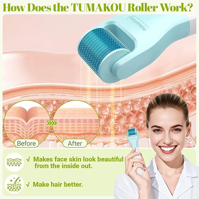Derma Roller, TUMAKOU 10 in 1 Microneedle Roller Set for Face, Body, Scalp, Beard Hair, Microneedling Micro Needling Roller Kit for Women Men, with Storage Case & Face Ice Roller & Facial Brush(Green)