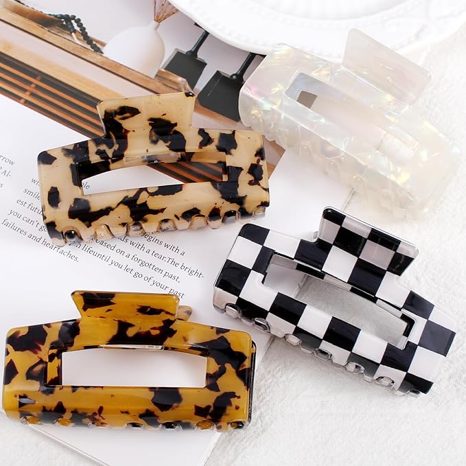 Jayongnee Hair Claw Clips - 4Pcs Medium Clips for Thick or Thin Hair - Square Claw for Women - Rectangle Hair Clips Nonslip Acrylic Hair Accessories for Girls (Tortoise shell)