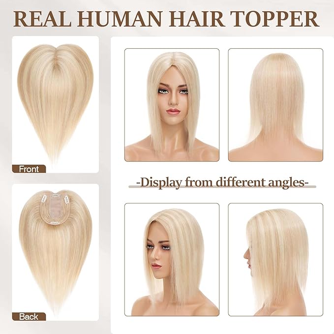 Rich Choices Hair Toppers for Women Real Human Hair 100% Human Remy Toppers NO Bangs with Thinning on Top Clip in Hairpiece 4"x4.7"Lace Base 6 Inch #18P613 Ash Blonde Highlights Bleach Blonde