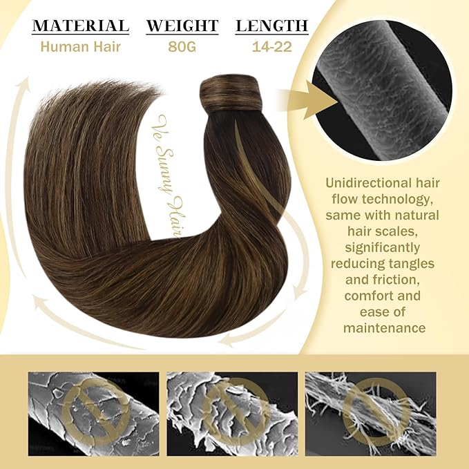 Ve Sunny Hair Extensions Ponytail Real Human Hair Wrap Around Clip in Ponytail Hair Extensions Straight Extensions Human Hair for Women Dark Brown Balayage Chestnut Brown 20inch 80G
