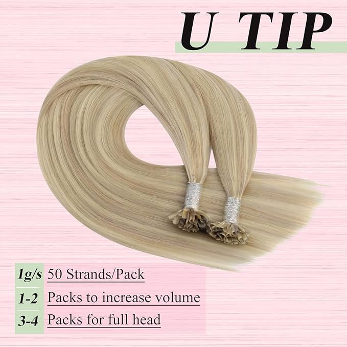 YoungSee U Tip Hair Extensions Human Hair Highlight U Tip Hair Extensions Ash Blonde with White Blonde Highlight Utip Hair Extension Human Hair 20 Inch Ktip Extension Remy Hair 1G/S 50G for Wedding