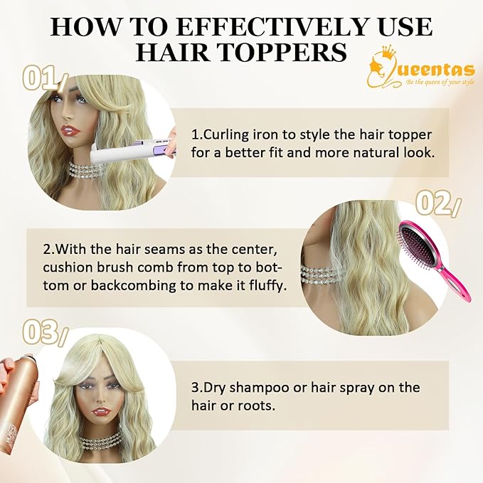 QUEENTAS 18" Curly Hair Topper for Women with Thinning Hair Pieces 6"*6"Large Coverage 360°3D Cover Synthetic Long Blonde Wavy with 5 Clips in Wiglets(Blonde)
