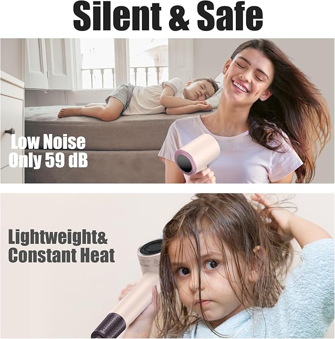 (OUTLET)slopehill 110,000 RPM Professional Hair Dryer - 0.8lb Ultra-Lightweight, 2 Billion Ion Technology for 98% Frizz Reduction, AI Smart-Temp Control, Magnetic Attachments for All Hair Types (Pink)