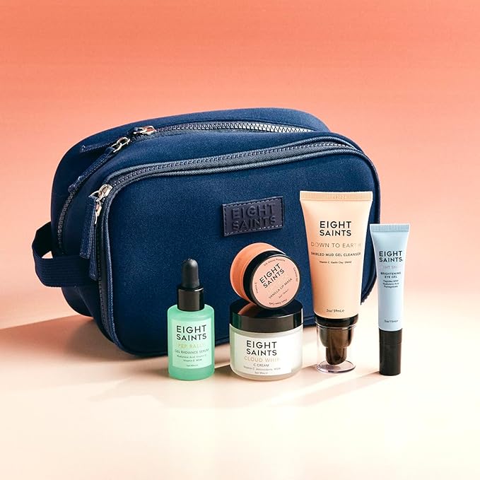 Eight Saints Date Night Skincare Prep Gift Set, All Natural & Organic, Gift Set Includes Eye Gel, Hyaluronic Acid Serm, Mud Face Cleanser, Vitamin C Cream, Lip Mask, and Neoprene Travel Bag, 6 Pc Set