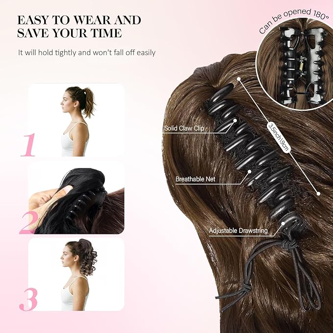 Clip on Ponytails for Women - 12 Inch Curly Ponytail Extension, Wavy Pony Tails Hair Extensions, Synthetic Hair Extensions Ponytail, Natural Hair Pieces for Women (Color: Dark Chocolate Brown)