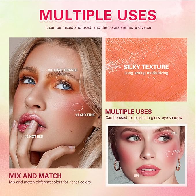 Multi-Use Makeup Blush Stick, Cream Face Blush Makeup Stick for Cheeks Eyes Lips, Super Natural Matte Finish Looking Long-Lasting Moisturizing Blush Stick, Suitable for All Skin (3#, Coral Orange)