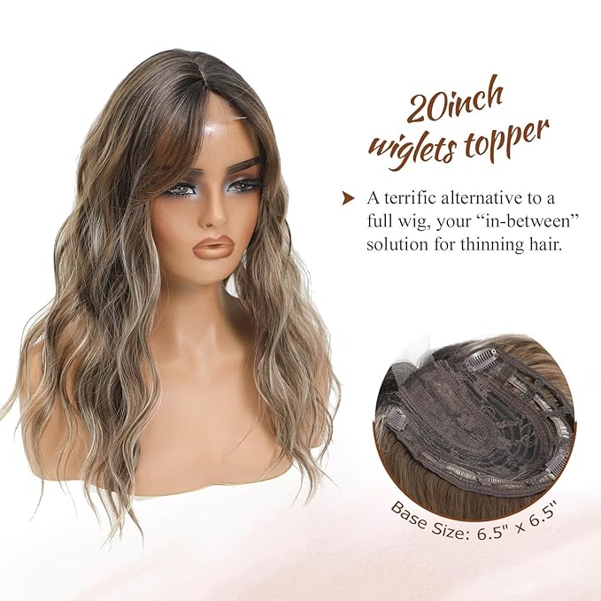 MORICHY Hair Toppers for Women Clip in Hair Topper with Bangs 20inch Mocha Brown with Blonde Highlights Long Wavy Curly Synthetic HairPieces for Women