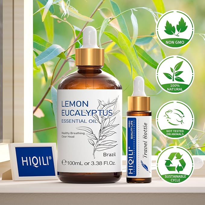 HIQILI Lemon Eucalyptus Oil, for Spary, Diffuser, Indoors, Outdoors, Garden, Yard, 100% Pure Natural - 3.38 Fl Oz