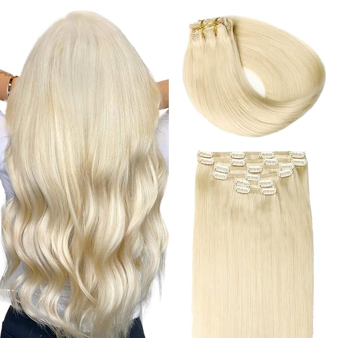 SURNEL Clip in Extensions Human Hair Platinum Blonde Hair Extensions Real Human Hair Clip ins 20 Inch 6pcs 120g (#60,20'')