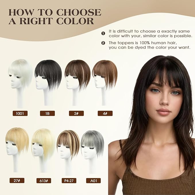 Hair Toppers for Women Real Human Hair -360°3D 10inch Topper with Bangs for Thinning Hair, Clip-in Bangs with Upgraded Silk Base, Perfect for Daily Wear(Dark Blonde#27)