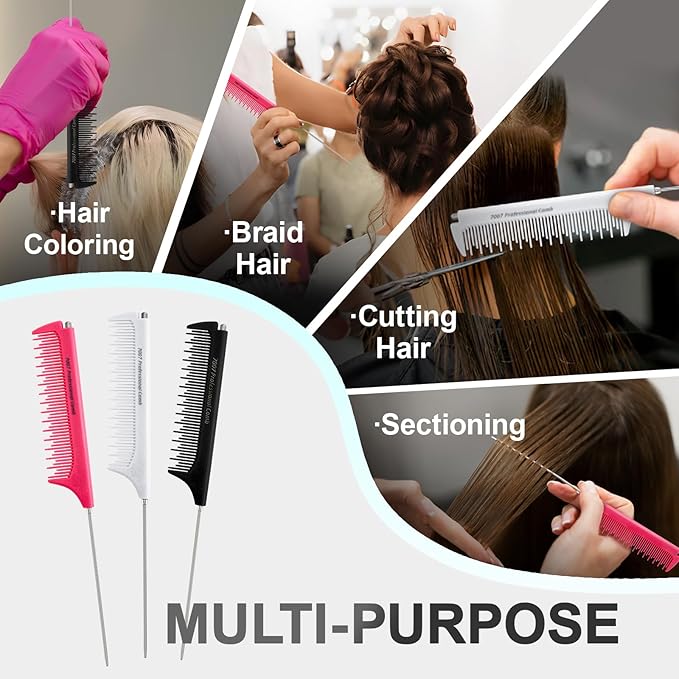 Rat Tail Combs for Parting, Protable Retractable Rat Tail Comb, Parting Combs for Hair Stylist, Fine Tooth Teasing Comb Stainless Steel Pin Tail, Easy to Carry (White)