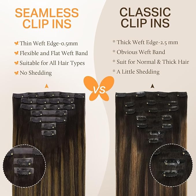 DOORES Clip in Hair Extensions, Dark Brown to Chestnut Brown 7pcs 110g 22 Inch, Real Human Hair Seamless Clip in Hair Extensions Straight Invisi Edge