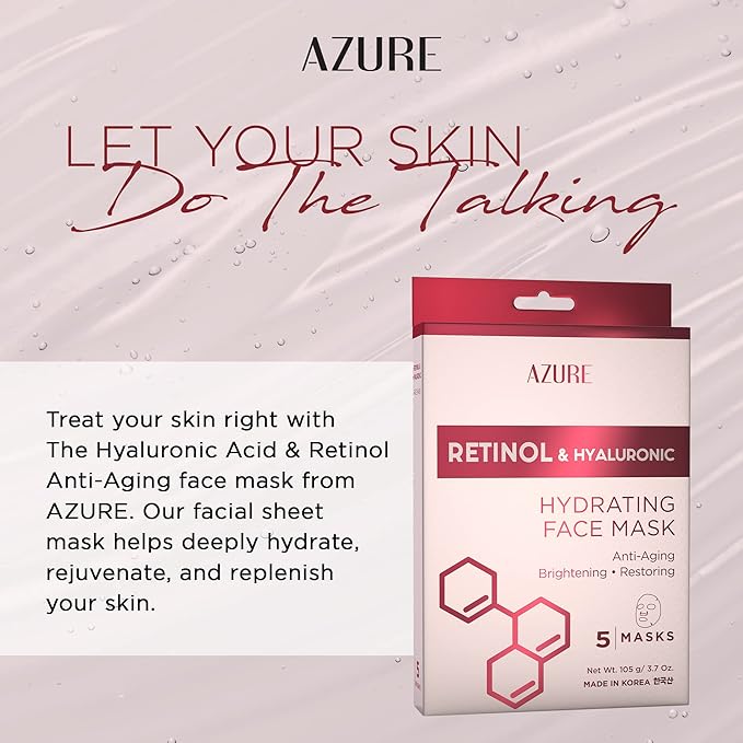 Azure Cosmetics Retinol & Hyaluronic Acid Anti Aging Facial Sheet - Rejuvenating & Hydrating Face Mask - Helps Reduce Fine Lines & Wrinkles, Smooths & Repairs - Made in Korea - Pack of 5