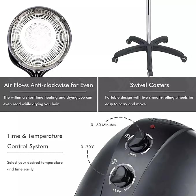 White,A,Wall Mounted Hair Dryer,Fast Hair Drying Low Noise,Timer 0-60 Min,Steamer Hat Deep Conditioning Heat Steaming Salon Equipment Hooded Machine Used in Hair Processor