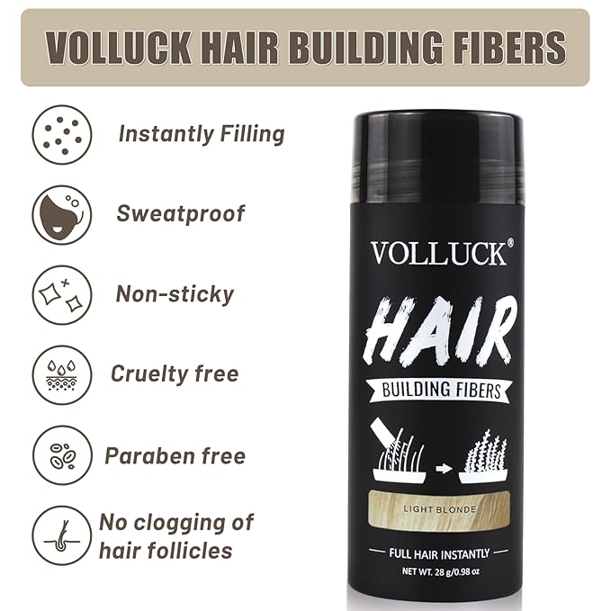 VOLLUCK Hair Fibers for Thinning Hair, Instant Coverage Hair Building Fibers for Women and men, Natural Hair Powder for Conceal Hair Loss 28 g (Light Blonde)
