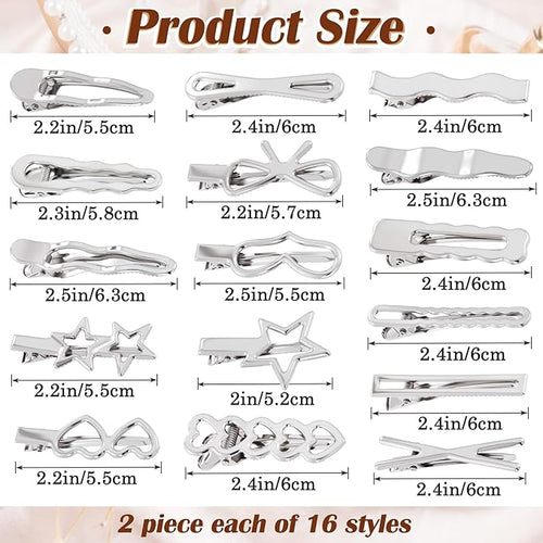 32pcs Star Heart Metal Hair Clips, 16 Styles Silver Hair Clip Alligator Barrettes, Bow Wavy Non-Slip 2000s Hair Accessories for Women Daily, Party