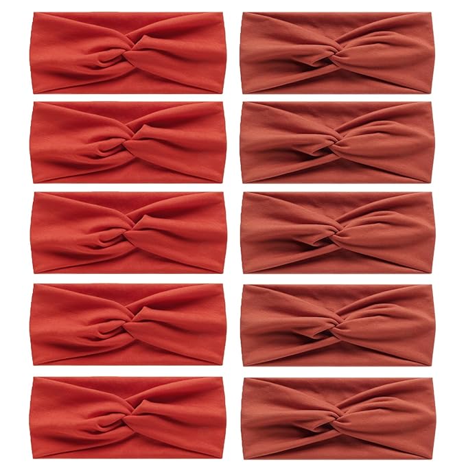 10 Pcs Wide Absorbent Sport Headbands for Women, Non-slip, Stretchy, Soft Cotton Twist Knotted Hair Bands for Daily Workout Yoga Running Sports, Rose Red