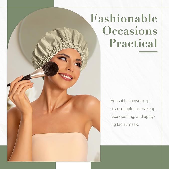 Reusable Shower Cap for Women, Large Waterproof Shower Essentials Bonnet Washable Elastic Band Bath Hair Wrap Hat for Long Hair, Braids(Gray Yellow)