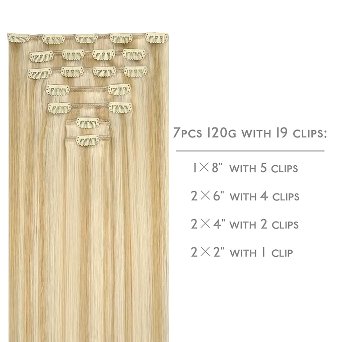 WENNALIFE Clip in Human Hair Extensions, 18 Inch 120g 7pcs Light Blonde Highlighted Golden Blonde Remy Hair Double Weft