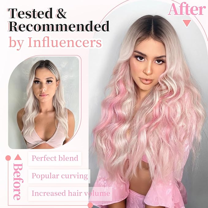 KooKaStyle Clip in Synthetic Hair Extensions Long Wavy 4PCS Thick Hairpieces Blonde with Pink Highlight Fiber Double Weft Natural Hair Extensions 20 Inch for Women