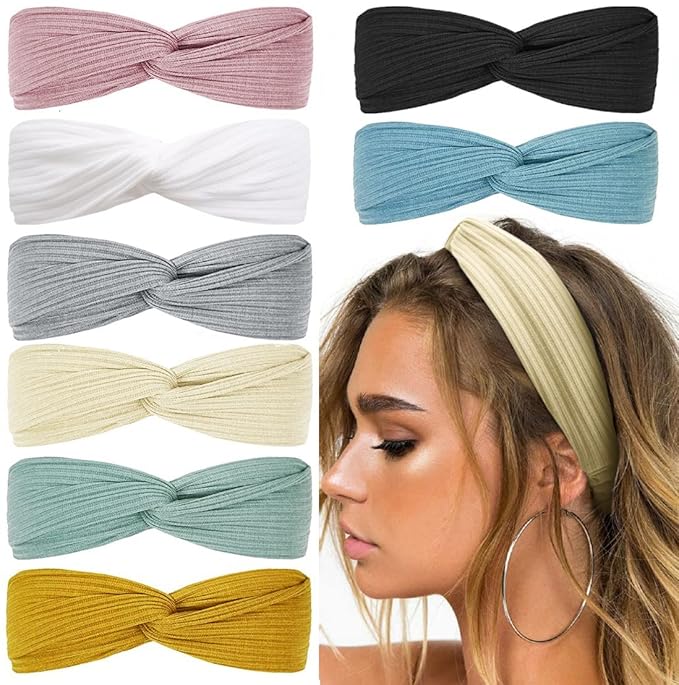 Huachi Boho Head Bands for Women Non Slip Twist Hairbands for Short Hair Fashion Summer Hair Accessories, Solid Color, 8Pcs