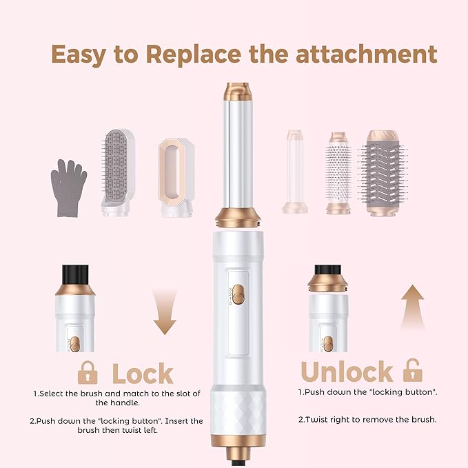 6 in 1 Air Styler Magic Hair Dryer Brush, Negative Ionic Blow Dryer Brush & 3 Heat Settings, Detachable Auto Curling & Straightening Volumizing, Frizz-Free Styling, Salon to Home Use (A-White-Pink)
